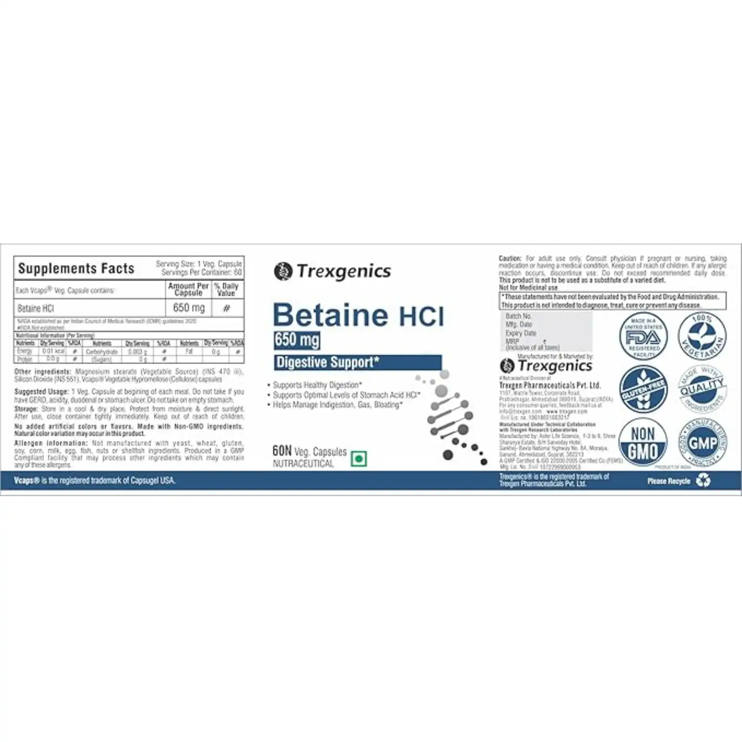 Trexgenics Betaine HCL 650mg, 60 Veg caps