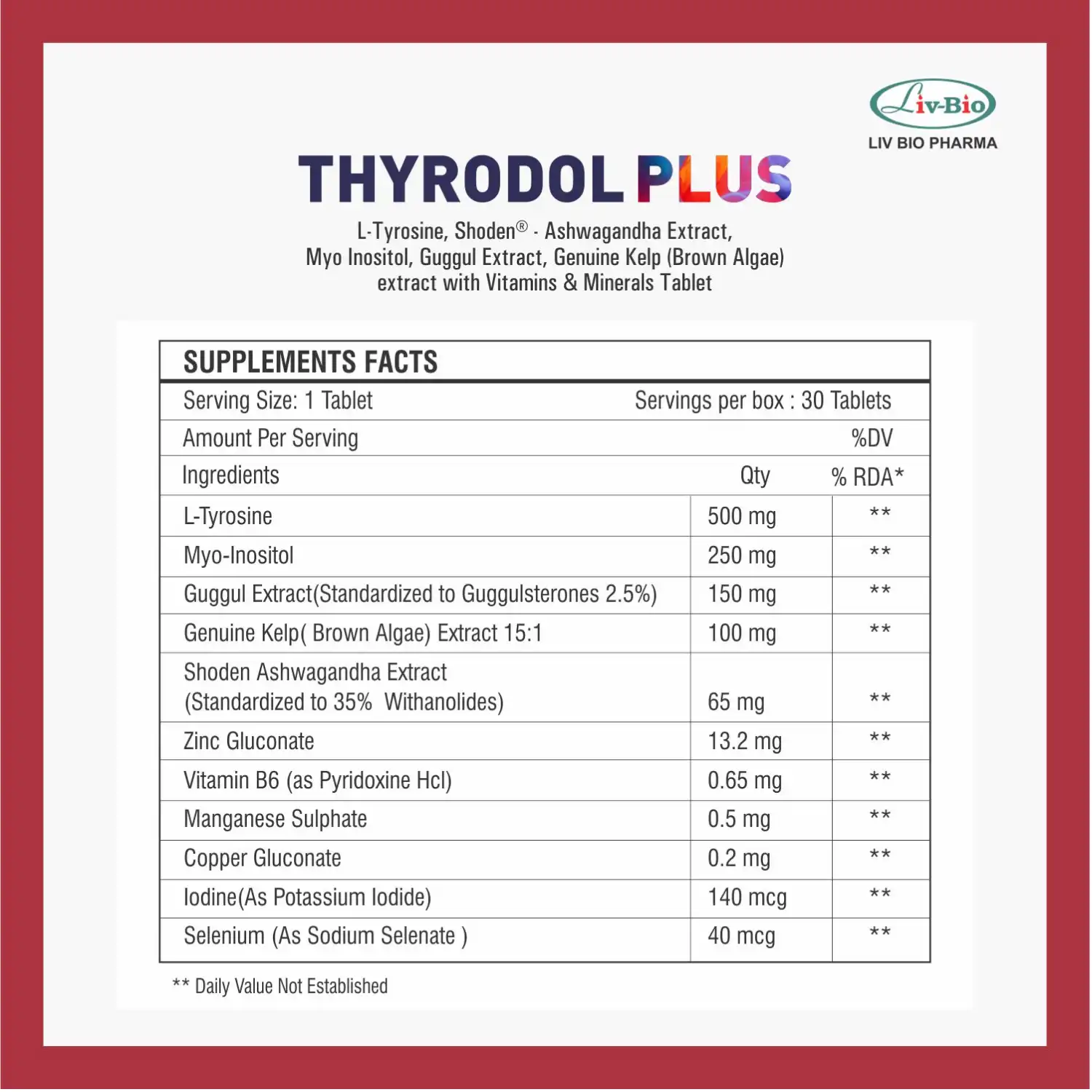LivBio Thyrodol Plus, Complete Thyroid Support, 30 Veg Tablets
